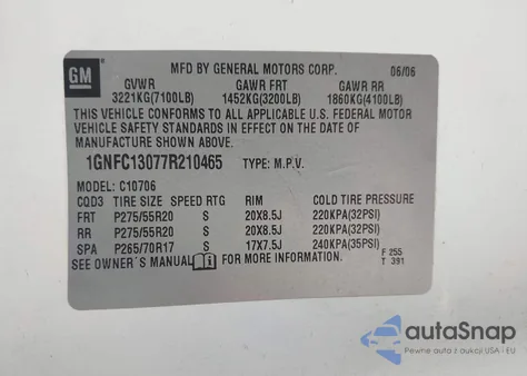 2007 Chevrolet Tahoe Lt from USA, damaged, VIN 1GNFC13077R210465